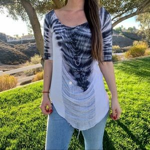 Raquel Allegra Black Blue Tie Dye Gauze Tunic Top M / 2